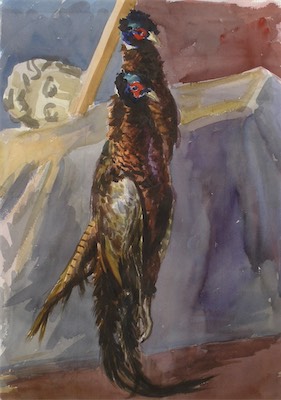 Two Pheasants; watercolor, 56 x 76 cm, 2004
